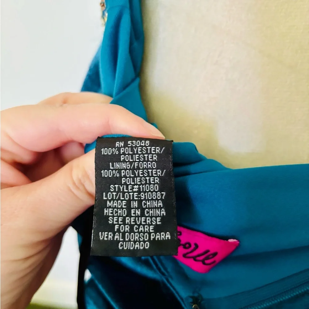 NWT Morgan & Co. US 5/6 Sheath Halter Sequin Metallic Teal Beaded Mini Dress - Picture 11 of 13